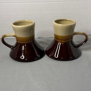 Vintage No Spill Brown and Cream Ceramic Pottery Travel Commuter Mugs Set of 2